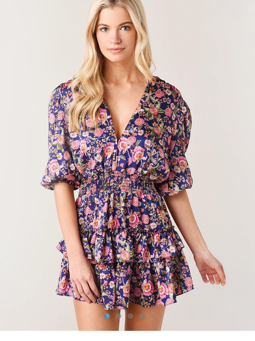 Misa Los Angeles Navy Floral V-Neck Tiered Mini Lilah Dress